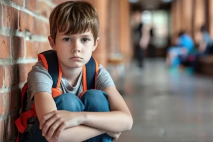 Foto de uma criança triste agachada no corredor da escola. Exemplo de vítima dos pais.
