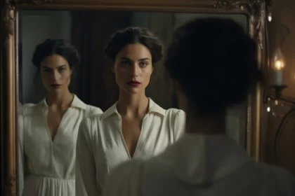 Uma mulher olha seu reflexo no espelho. autora fala no dia das mães