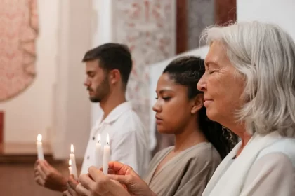 Pessoas dentro de uma igreja segurando velas acesas, Autor fala em fé.