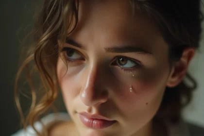 mulher jovem, dos seus olhos caem lágrimas