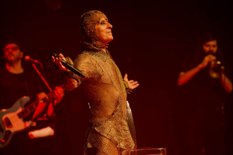 Foto do cantor Ney Matogrosso se apresentando num palco