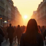 Numa avenida, uma multidão está na sombra observando o sol ao fundo