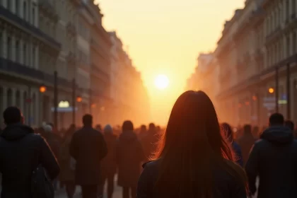 Numa avenida, uma multidão está na sombra observando o sol ao fundo