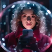 Uma jovem mulher dentro de uma bolha de sabão e um celular na mão. Tecnologia tomou conta de nós.