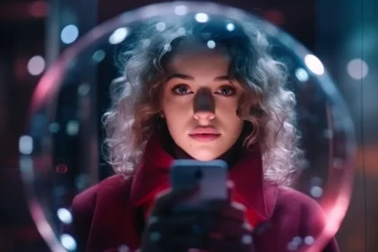 Uma jovem mulher dentro de uma bolha de sabão e um celular na mão. Tecnologia tomou conta de nós.