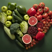 Um coração formato por vários vegetais. Autora fala de vegetariano e vegano